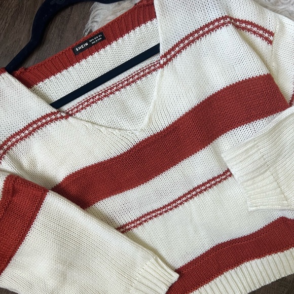 Shein medium fall v neck striped sweater acrylic EUC cream orange - Picture 2 of 7